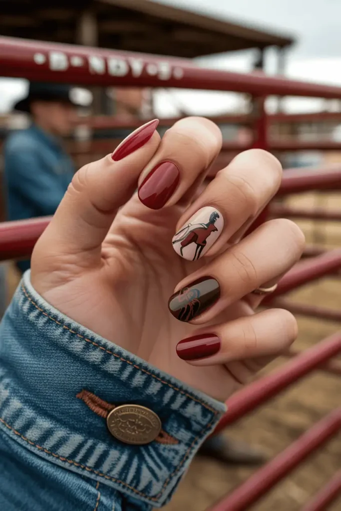 rodeo inspired nail art, bold western nails with deep red brown and denim blue tones, subtle graphic accents, dusty rodeo arena background, dramatic lighting, cinematic western mood, editorial nail photography, pinterest vertical 2:3 ratio, no text
