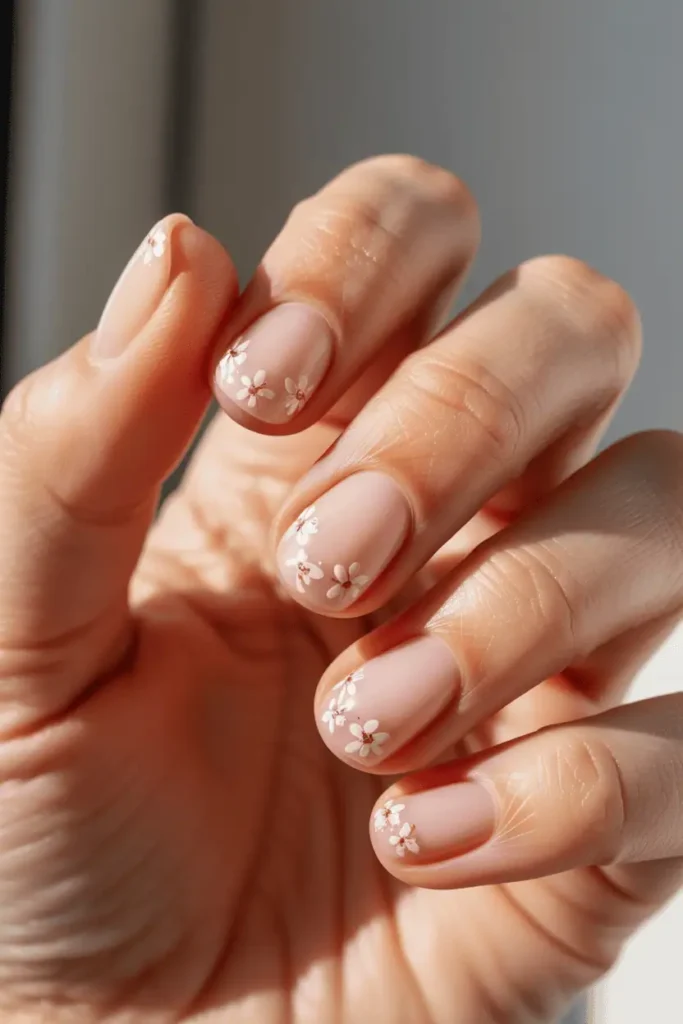 sheer pink nails with micro floral details, light spring manicure, tiny scattered flowers, short nails, airy aesthetic, natural daylight, realistic macro nail photography, neutral background, pinterest vertical 2:3 ratio, no text