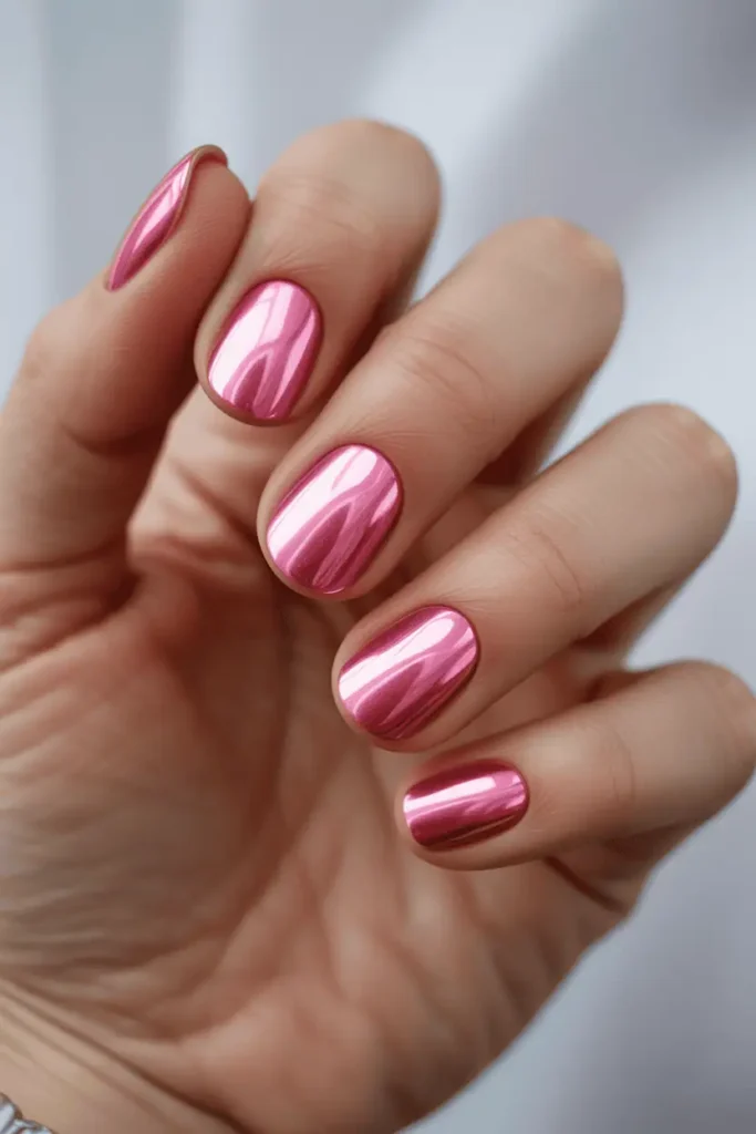 Pink Chrome on Short Round Nails