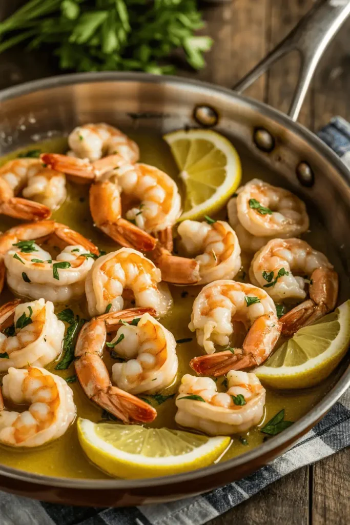 “shrimp scampi in skillet with garlic butter sauce, lemon slices and parsley garnish, glossy shrimp texture, warm evening lighting, rustic kitchen background, professional food photography, photorealistic, no text, vertical 2:3”