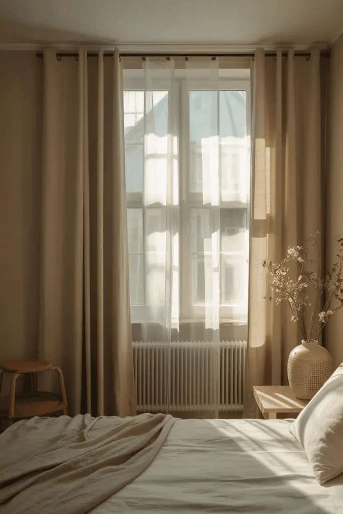 “spring bedroom window with sheer white curtains gently filtering sunlight, bright airy mood, soft shadows, neutral bedroom interior, calm minimalist styling, realistic photography, no text, 2:3 vertical”