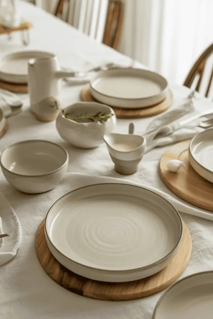 “spring Easter table with light ceramic serving platters, wooden boards, simple bowls, neutral palette, fresh food styling, bright natural light, relaxed seasonal mood, realistic photography, no text, 2:3 vertical”
