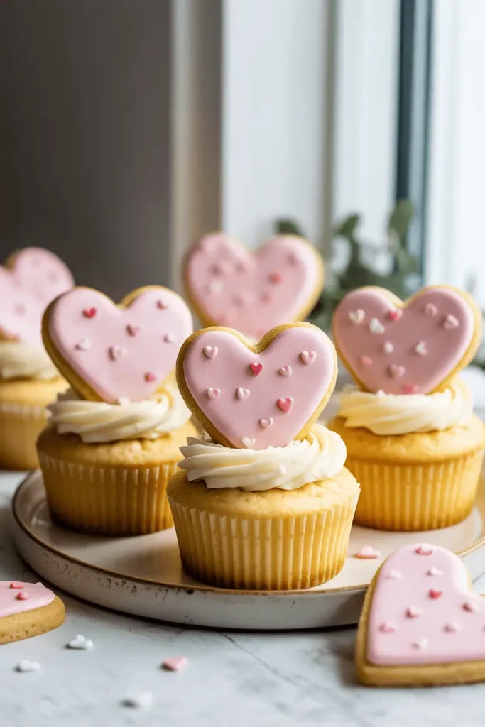 “vanilla cupcakes topped with heart-shaped sugar cookies, simple frosting base, valentine theme, homemade appearance, natural window light, photorealistic, no text, vertical 2:3”