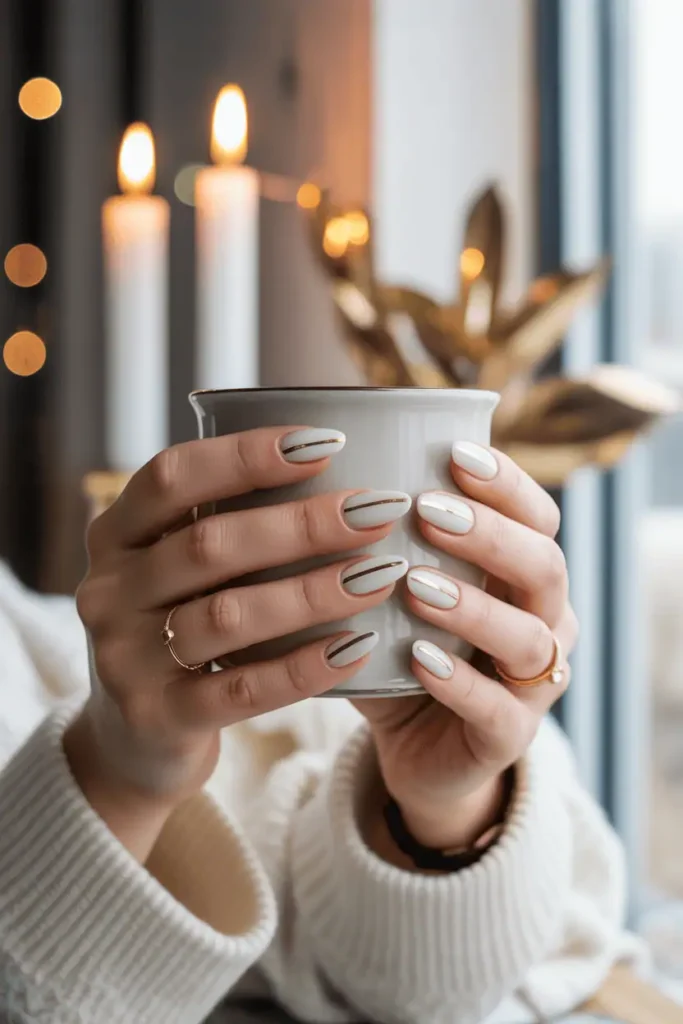 White glitter nails holding fairy lights, soft golden bokeh and winter background.