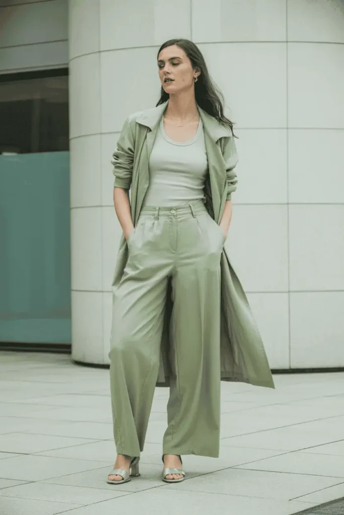 Woman in a head-to-toe sage green monochrome outfit — linen trousers, fitted top, lightweight trench. Clean modern background, soft pastels, editorial daytime light.