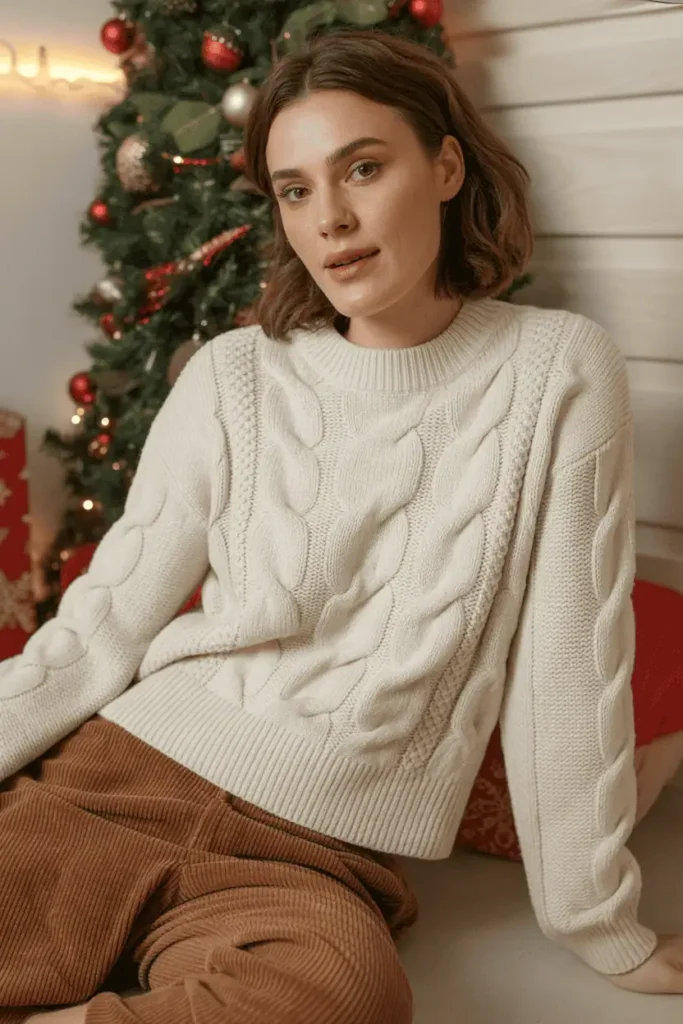 Woman wearing a cream knit sweater and corduroy pants with festive holiday dΓ©cor.
