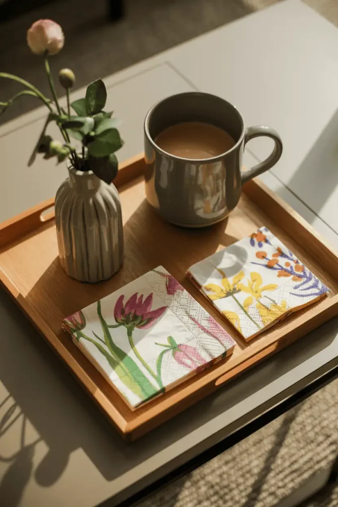 A wooden tray decoupaged with decorative spring napkins featuring botanical prints, sitting on a coffee table holding a coffee mug and small vase. The napkin pattern is visible and colorful. Natural light, functional styling showing the tray in everyday use. Warm and practical composition.