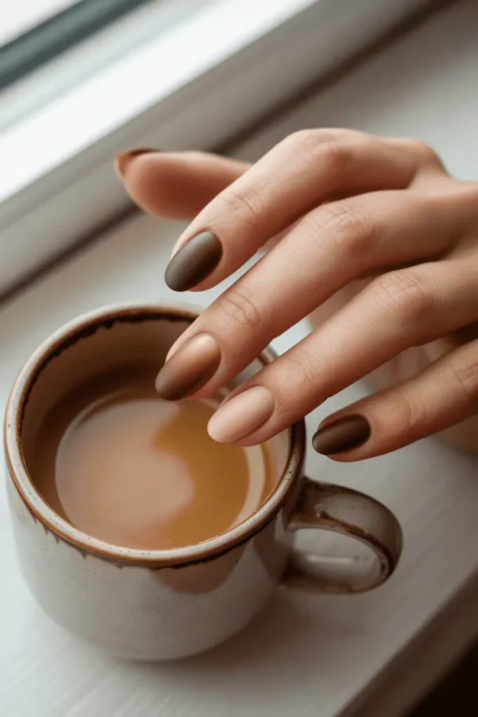 Chocolate Brown to Nude Ombre on Oval Nails