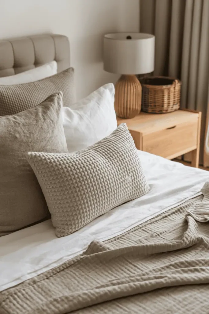 “bedroom detail shot highlighting textures, linen pillows, knit throw, waffle fabric, light wood nightstand, woven basket, soft spring daylight, neutral tones, tactile focus, realistic interior photography, no text, 2:3 vertical”