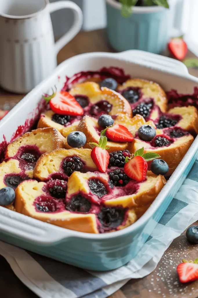 “berry french toast bake in ceramic baking dish, golden top with fresh berries, powdered sugar lightly dusted, cozy morning light, spring brunch styling, professional food photography, photorealistic, no text, vertical 2:3”
