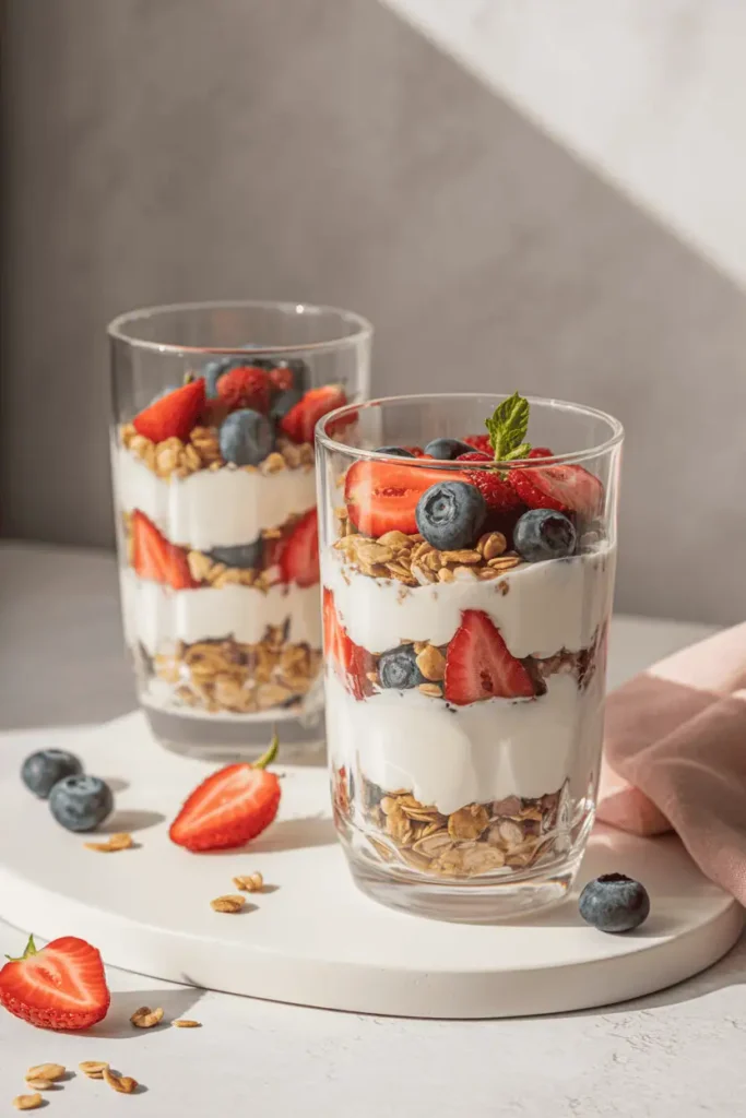 “breakfast parfaits layered with yogurt granola and berries in clear glasses, bright spring light, calm editorial style, neutral background, photorealistic, no text, vertical 2:3”