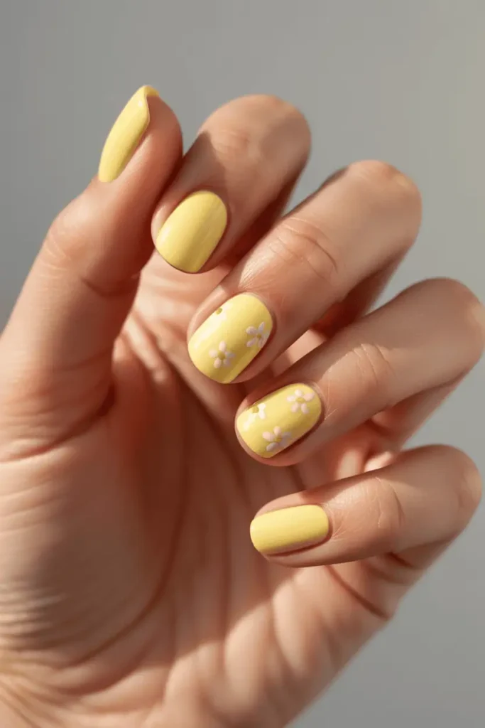 butter yellow pastel nails with tiny white floral details, cheerful spring manicure, short nails, glossy finish, natural daylight, neutral background, editorial nail photography, pinterest vertical 2:3 ratio, no text