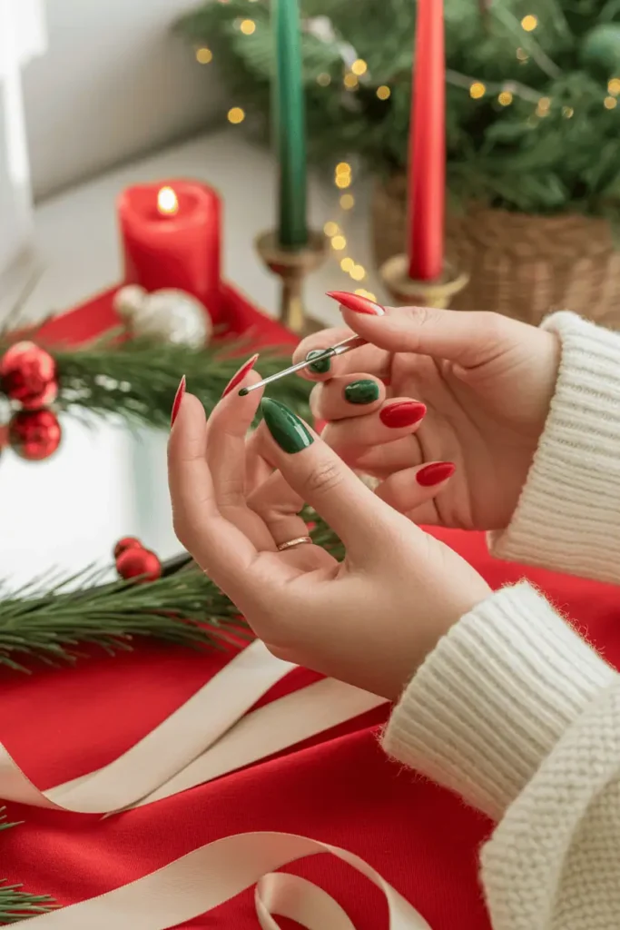 Classic French manicure with red and green tips, hands doing DIY nail art, Christmas decor around.
Pinterest hero photo, warm daylight, soft bokeh, props: ribbon, mirror, candle, holiday ornaments.