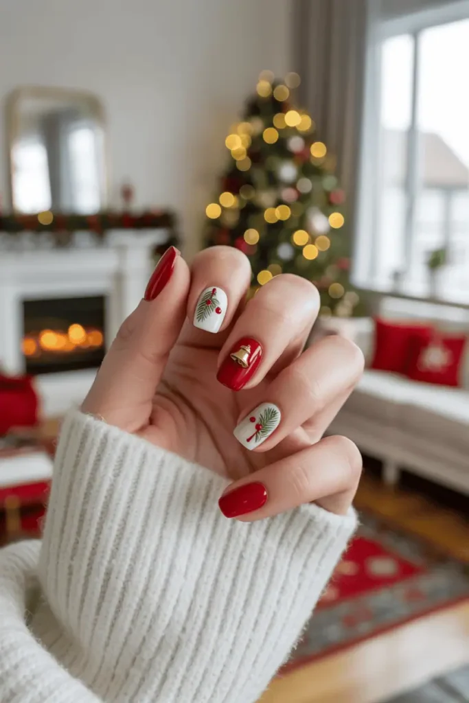 classic red and white nails with evergreen accents, tiny gold bell detail, cozy Christmas living-room background, warm festive lighting, realistic hands