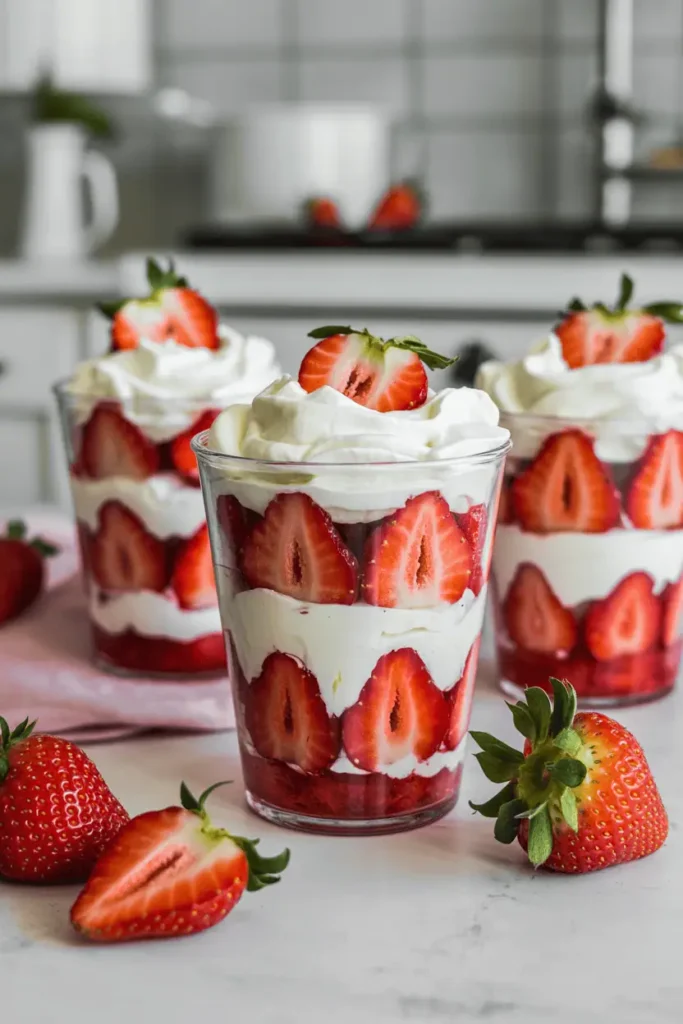 “clear cups layered with sliced strawberries and whipped cream, visible layers, fresh bright lighting, clean kitchen background, light Valentine styling, professional food photography, no text, vertical 2:3”