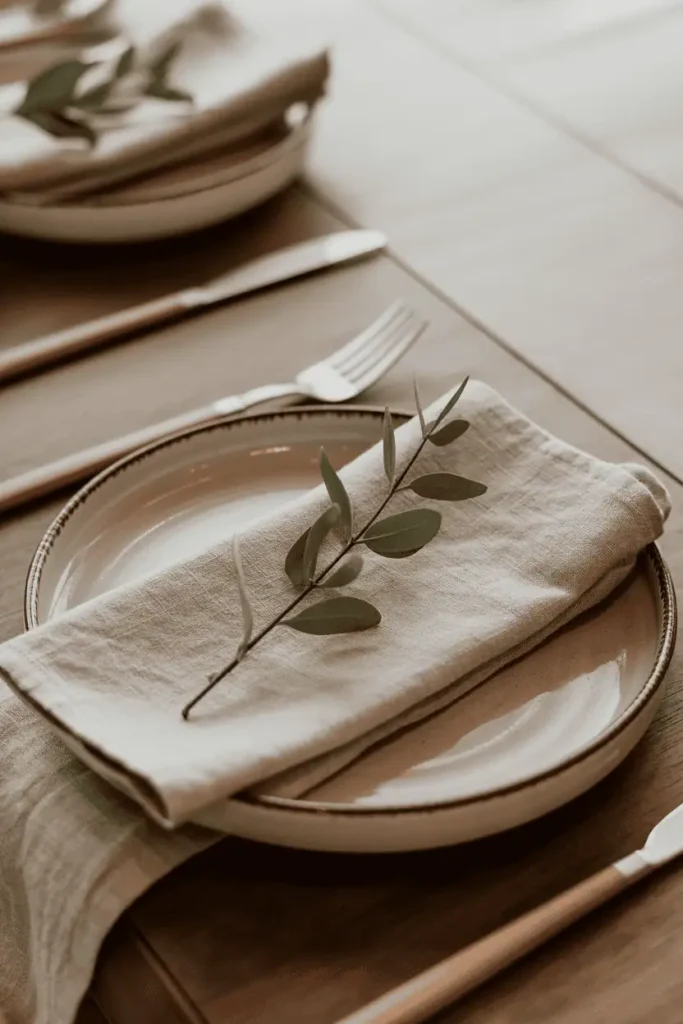 “close-up of Easter place setting with linen napkin, ceramic plate, small sprig of greenery, neutral tones, soft natural light, intimate and thoughtful styling, realistic photography, no text, 2:3 vertical”