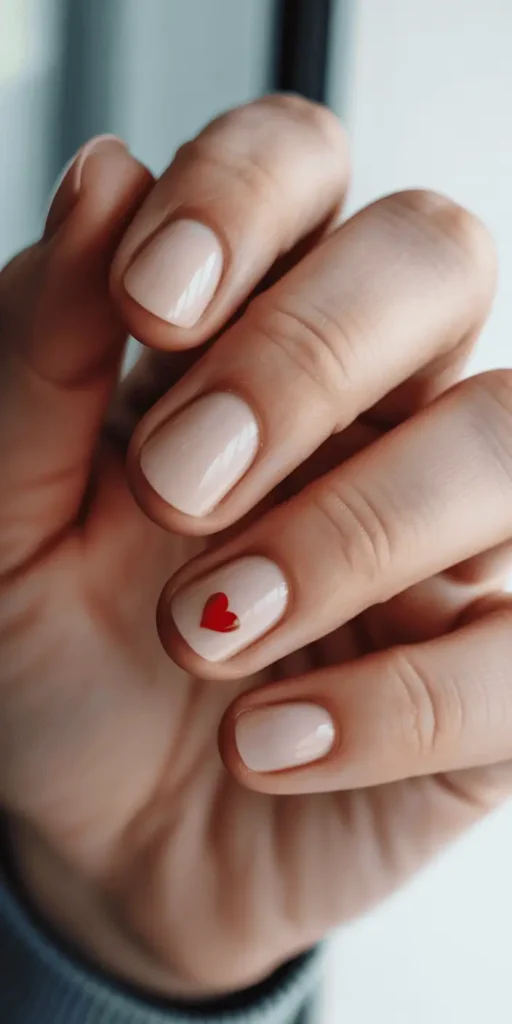 Nude manicure with tiny delicate red heart on accent nail, subtle Valentine's Day nail design for short nails