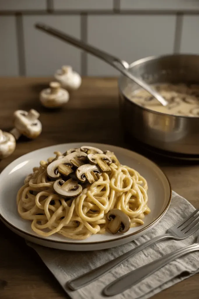 “creamy mushroom pasta with golden sautéed mushrooms, rich but light sauce, cozy evening kitchen light, neutral tones, professional food photography, photorealistic, no text, vertical 2:3”
