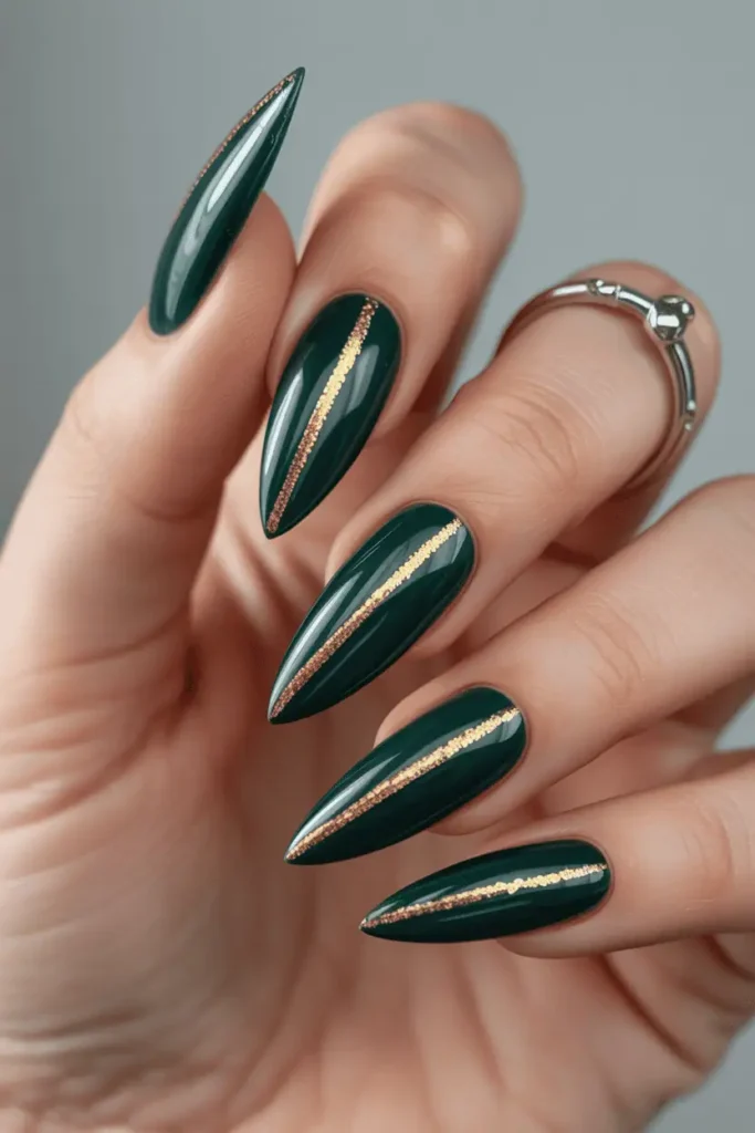 Forest Green Cat Eye on Stiletto Nails