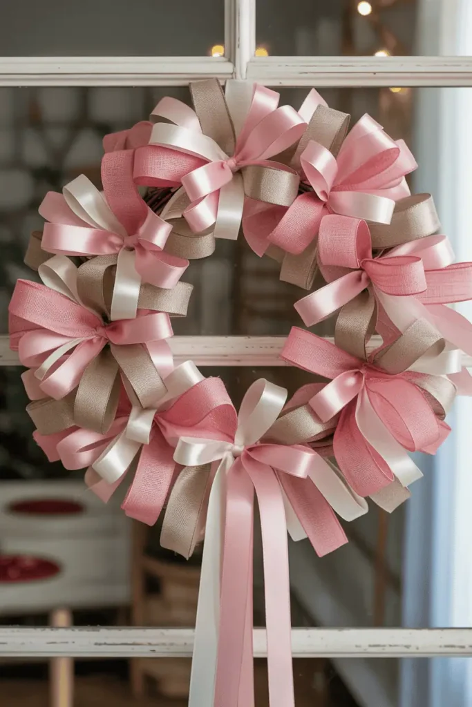 “DIY Valentine’s wreath made with ribbon, layered satin and linen ribbons in pink and neutral tones, simple wreath base, cozy indoor setting, soft lighting, beginner-friendly handmade style, realistic photography, no text, 2:3 vertical”