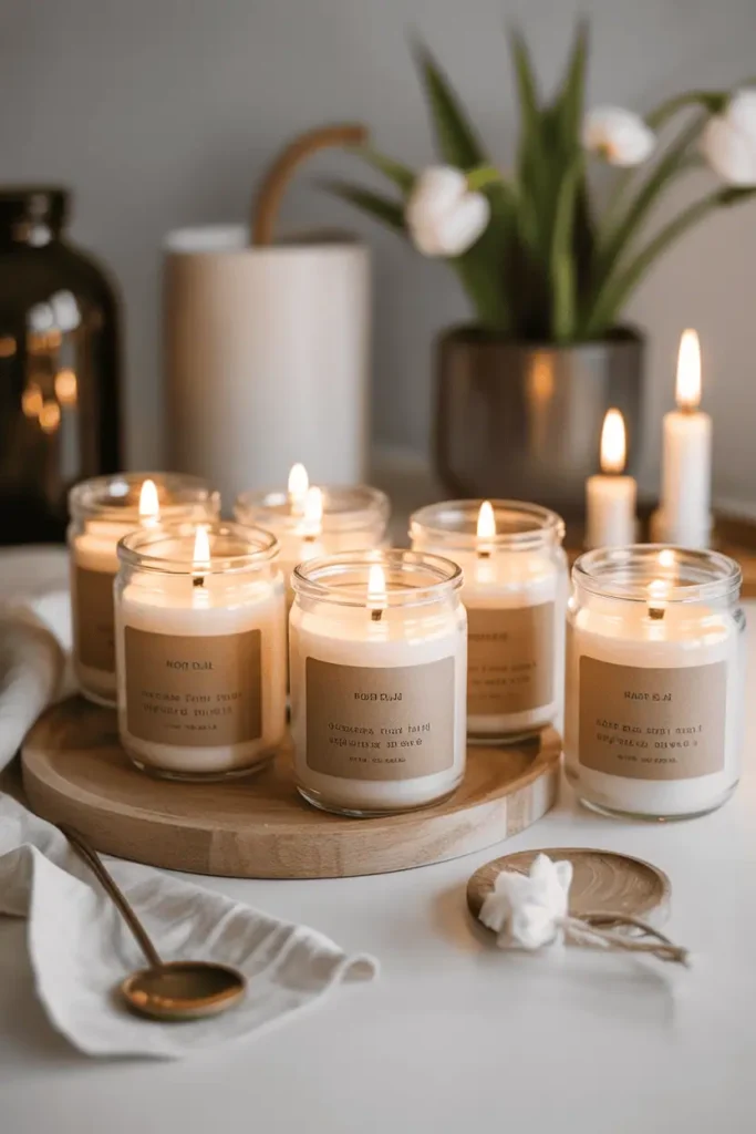 “hand-poured candles in simple glass jars, neutral labels removed, soft spring light, cozy table setting, minimal clean aesthetic, beginner candle-making look, realistic photography, no text, 2:3 vertical”