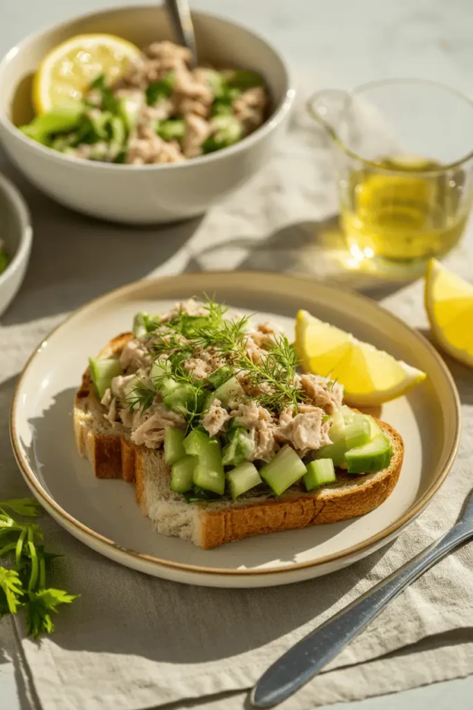 “lemon tuna salad with celery and herbs, served on toast or in bowl, fresh light lunch styling, bright daylight, professional food photography, photorealistic, no text, vertical 2:3”
