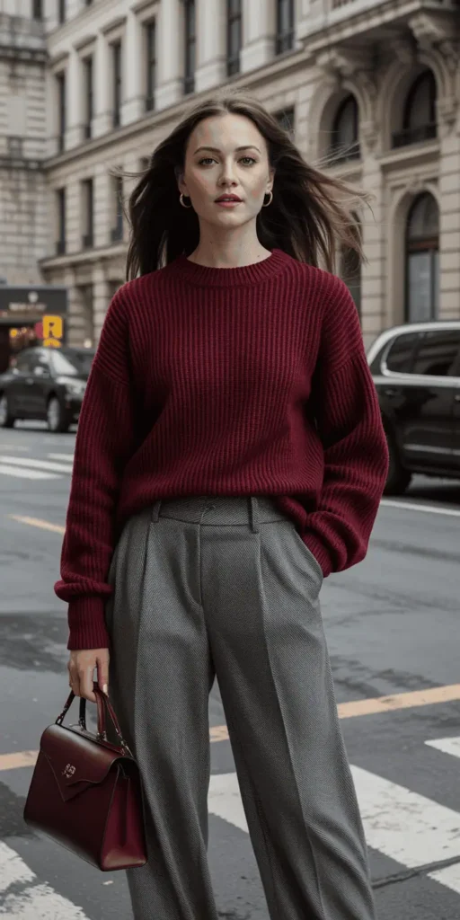 Burgundy Knit Sweater with Grey Wool Trousers