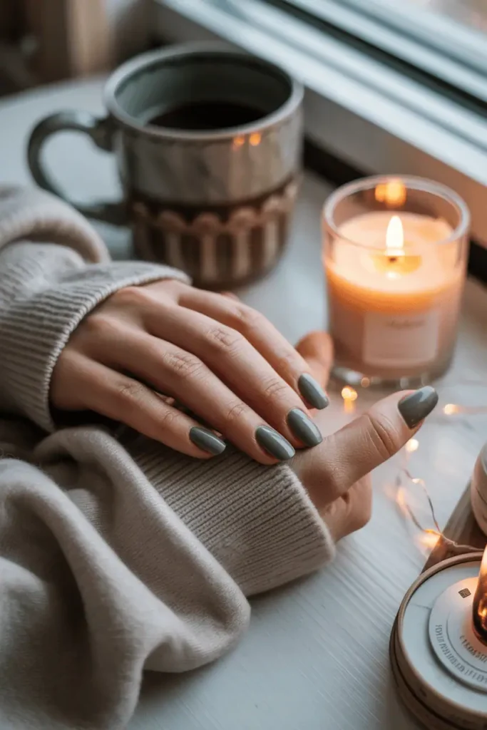 Matte grey nails resting on cashmere sweater sleeve, cozy candlelight nearby.
