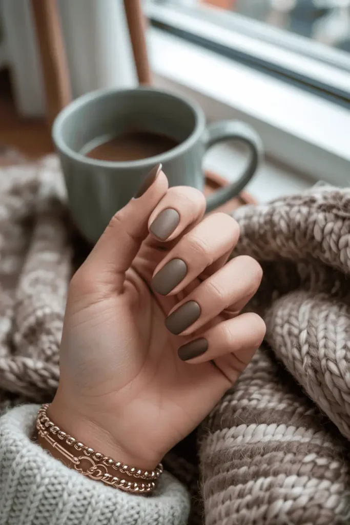 Matte mocha nails, elegant soft lighting, cozy background.