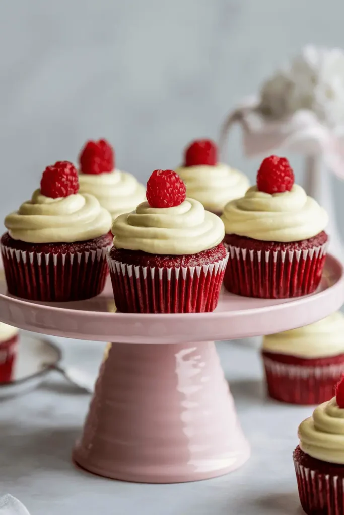 “mini red velvet cupcakes topped with cream cheese frosting, single raspberry on top, arranged on cake stand, soft romantic lighting, cozy Valentine mood, professional food photography, no text, 2:3 vertical”