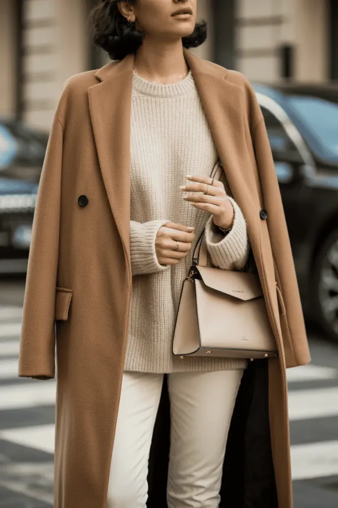 Close-up of a minimalist camel coat and cream sweater outfit with a structured handbag, showcasing luxury clean lines.