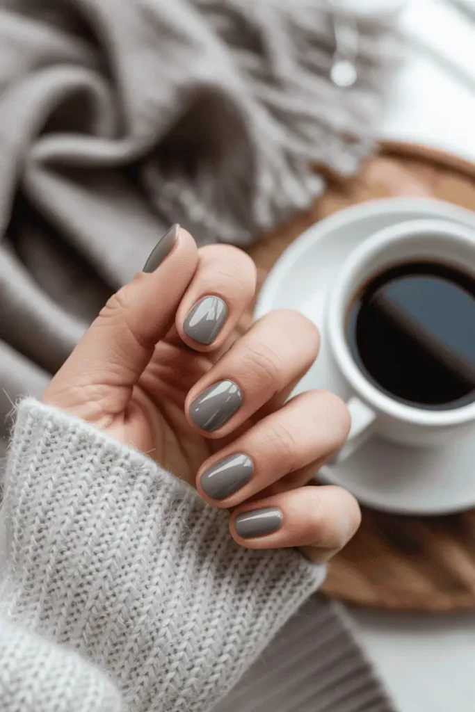 Muted gray-brown nails, satin finish, foggy winter morning light.
Pinterest hero photo, cozy neutral palette, soft daylight, props: scarf, knit texture, coffee.