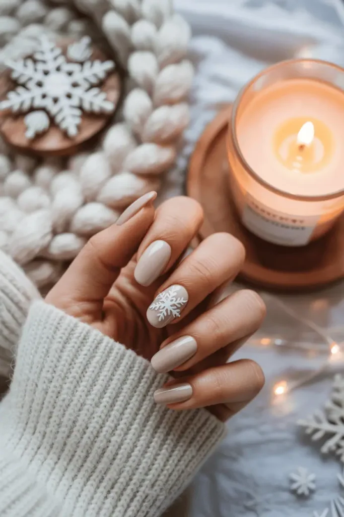 Neutral nails with one white snowflake accent, soft cozy light.