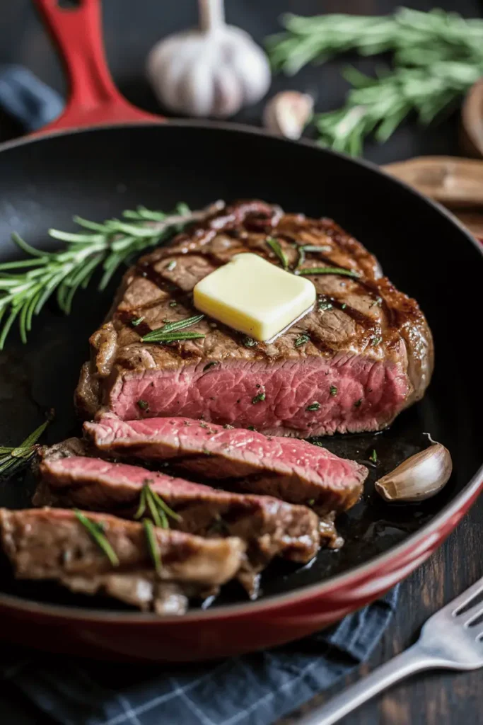 “pan-seared steak with garlic butter melting on top, rosemary and garlic cloves in skillet, medium-rare sliced steak showing juicy interior, dark moody lighting, romantic dinner vibe, professional food photography, photorealistic, no text, vertical 2:3”