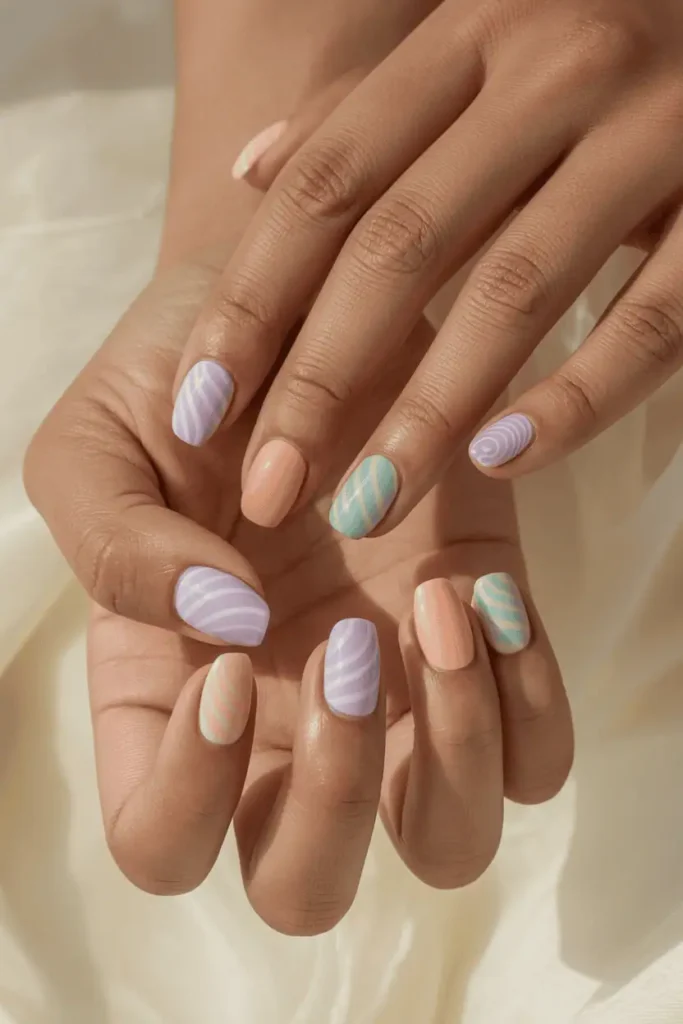 pastel swirl designs in lilac, peach, mint, and soft pink, realistic hands, gentle natural lighting, creamy soft background, smooth glossy finish