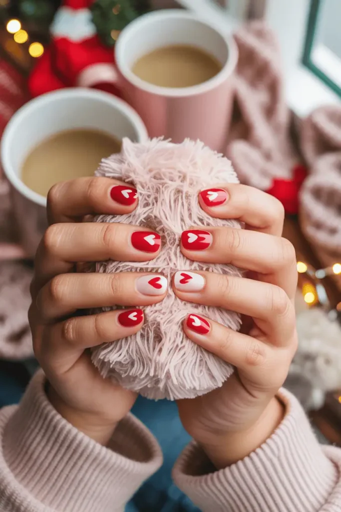 Red and white heart nail art on small hands holding a soft plush toy, warm background.