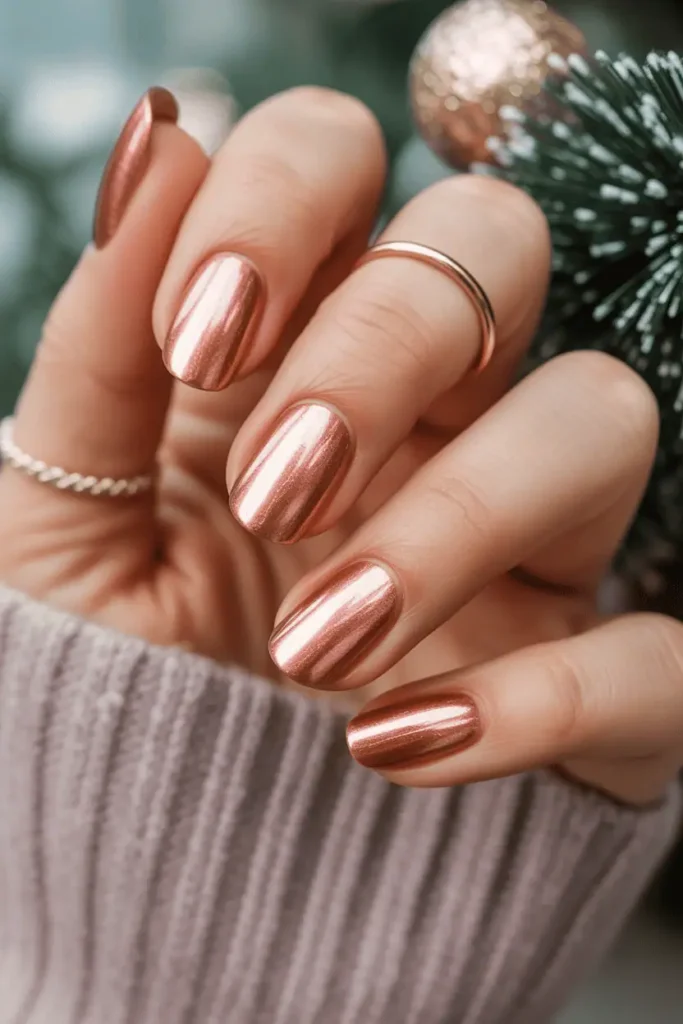 rose gold metallic nails, soft warm metallic glow, rich pink-gold tone, cozy holiday neutral background, soft lighting, realistic hands