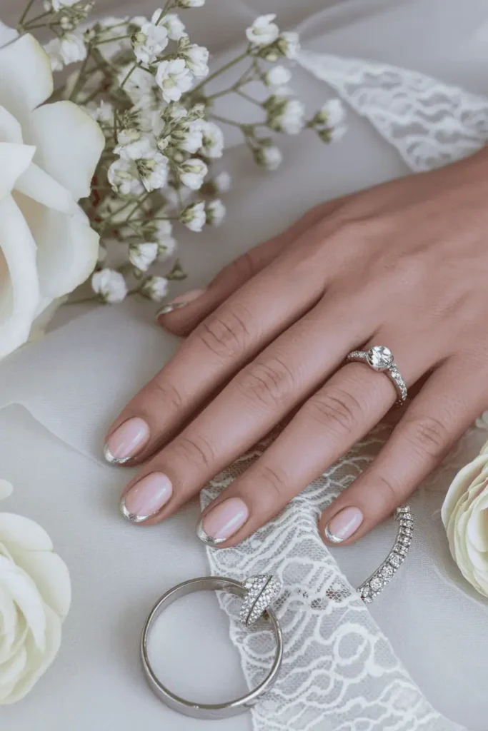 Sheer pink nails with silver French tips, delicate bridal details, cool daylight.
