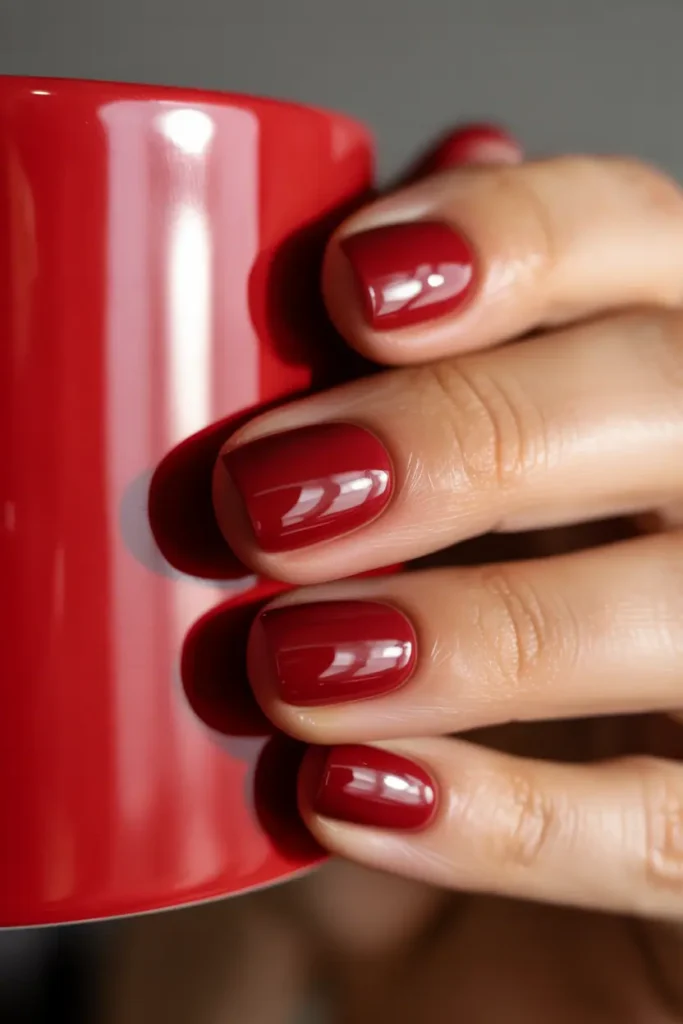 Short rounded nails in glossy cherry red. Styled holding a red mug or matching lipstick, warm festive tone.