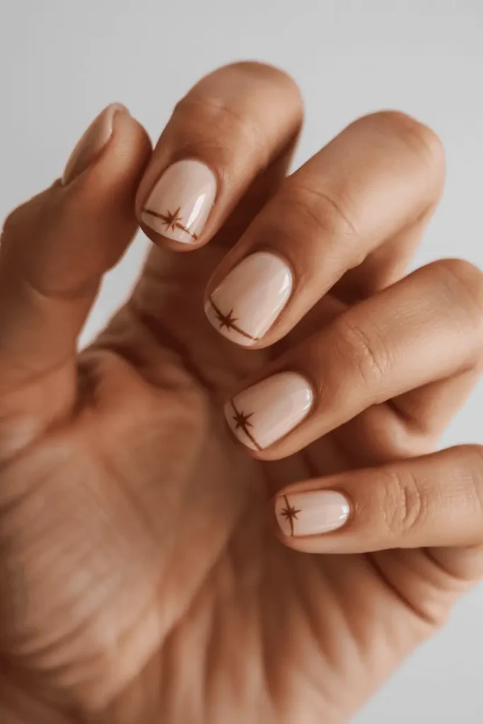 simple western nail art, nude nails with minimal star or line details, clean rustic aesthetic, warm beige tones, matte and glossy mix, soft desert light, editorial nail photography, pinterest vertical 2:3 ratio, no text