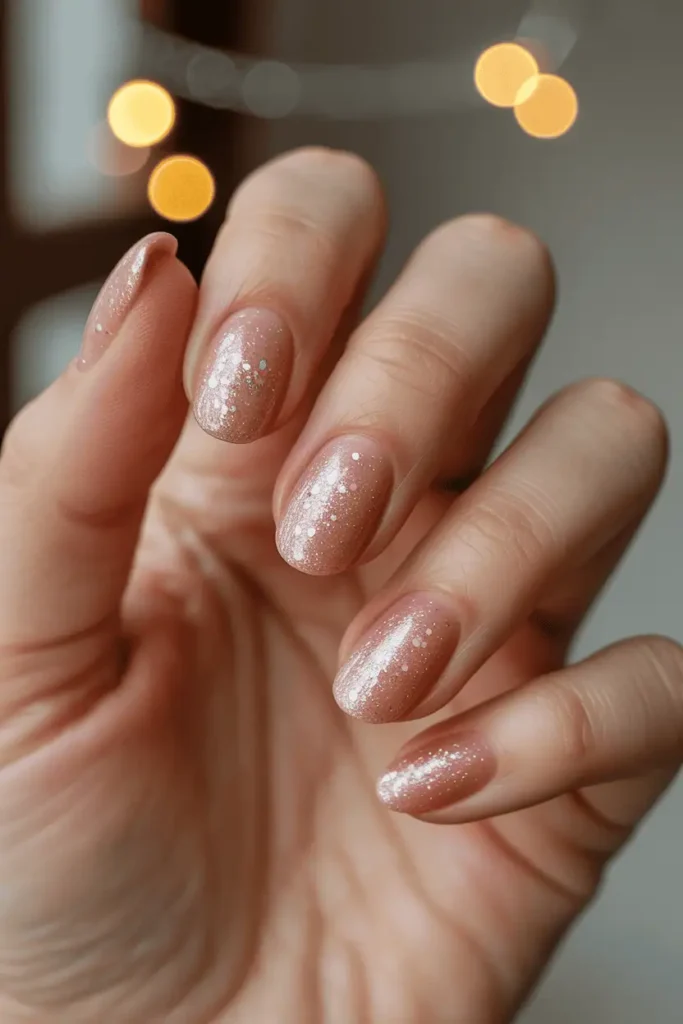 sparkling pink glitter nails with fine shimmer, warm soft lighting, delicate background bokeh, natural hand pose, very realistic