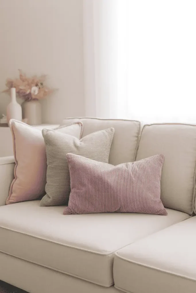 “spring-inspired living room decor with a soft pastel color palette (sage, blush, lavender), pillows and small accents arranged in a cohesive style, clean neutral sofa, bright natural light, minimal cozy aesthetic, no text, 2:3 vertical”