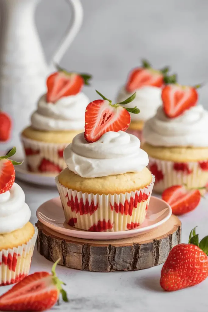 “strawberry shortcake cupcakes with whipped cream frosting and fresh strawberry slices, light airy texture, spring valentine mood, natural light, photorealistic food photography, no text, vertical 2:3”