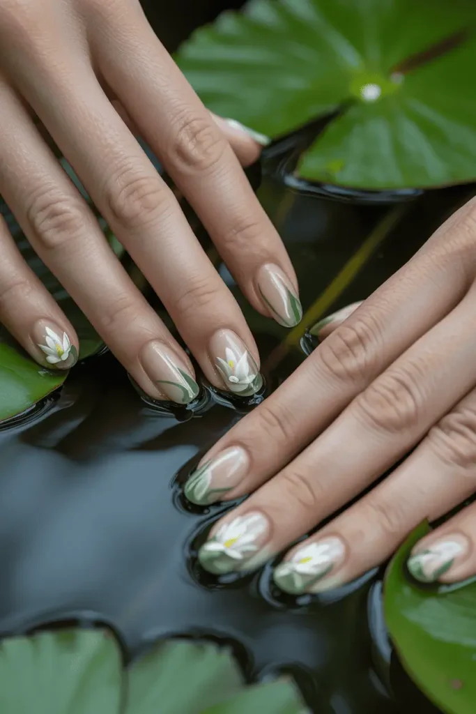 water lily inspired nail art, translucent jelly nails with white floating lily petals, soft green details, subtle shimmer like water reflections, dark pond background, moody natural light, dreamy and calm atmosphere, ethereal botanical aesthetic, macro editorial nail photography, realistic hands, shallow depth of field, pinterest vertical 2:3, no text