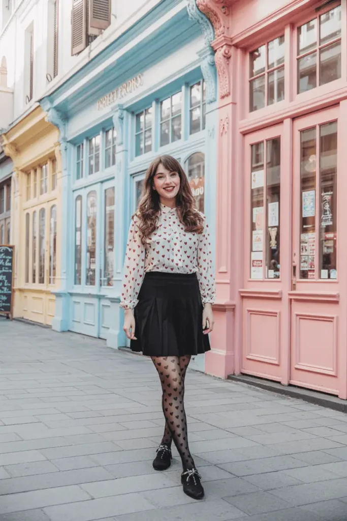 Woman in a subtle heart-print blouse or heart-patterned tights, paired with a solid skirt. Daylight photo on a charming street with pastel storefronts. Clean, playful Valentine mood.