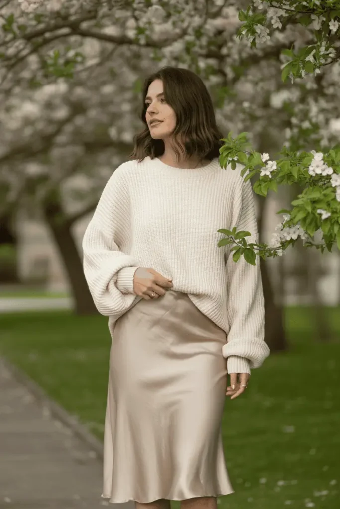 Woman wearing a cream oversized spring sweater with a champagne satin midi skirt. Standing beside blooming branches, soft warm light, elegant casual spring style.