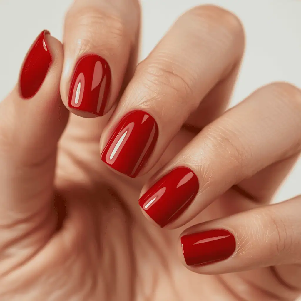 Vermillion Red On Medium Squoval Nails