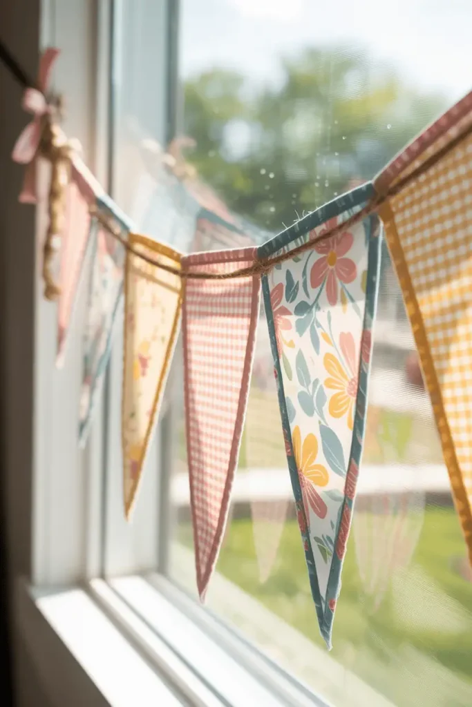 A handmade fabric banner with triangular pennants in mixed spring patterns—soft florals, gingham, pastels—strung on twine and hanging across a bright window. Natural backlighting shows the fabric texture. The banner feels casual and homemade in the best way. Warm, cottage-style aesthetic.