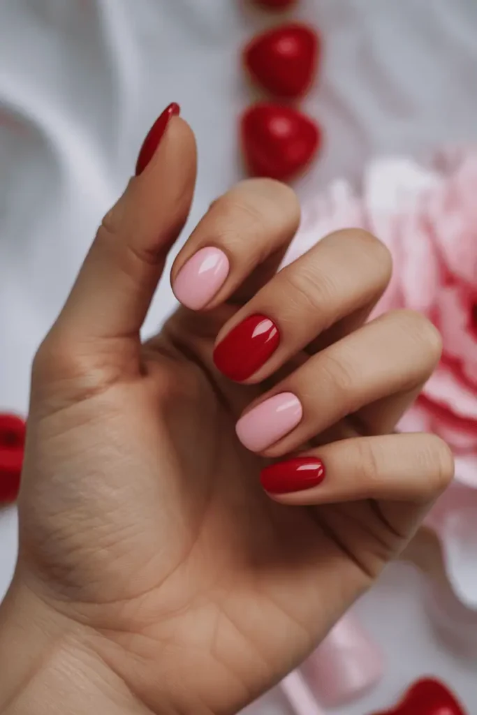 alternating pink and red nails, glossy finish, natural hand pose, soft Valentine light, neutral romantic background, realistic skin detail