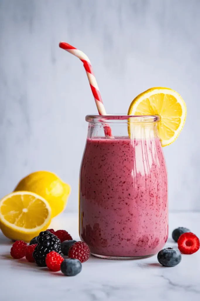 “berry smoothie with lemon accent in glass jar, soft pink-purple color, mixed berries and lemon slice nearby, bright spring daylight, fresh minimal styling, professional food photography, photorealistic, no text, vertical 2:3”